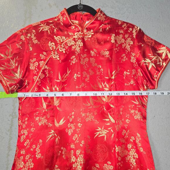 Red Floral Brocade Cheongsam Qipao Dress XL Chinese Traditional Satin Side Slits - Picture 11 of 13